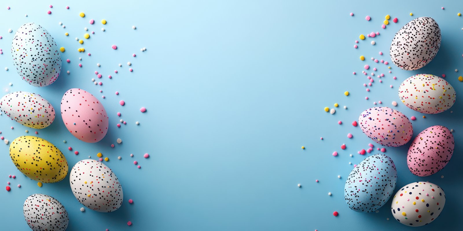 Colorful Easter eggs and sprinkles arranged on a light blue background ideal for festive celebrations